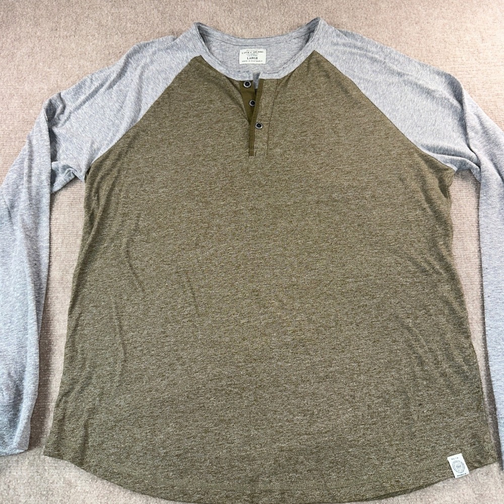 Lucky Brand Mens Large Raglan Henley LongSleeve Shirt Olive Green Grey Heathered